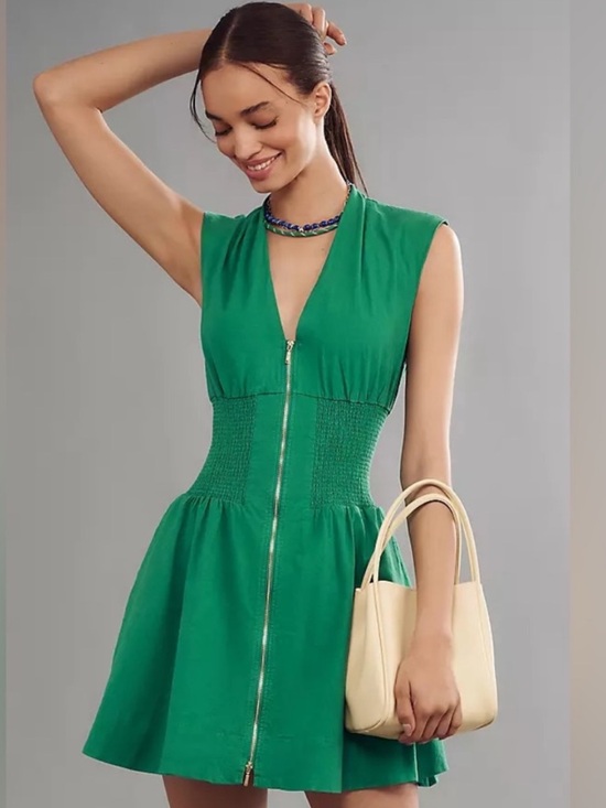 Anthropologie Tommie Linen Blend Mini Shirt Dress Kelly Green Size Large - Picture 3 of 12